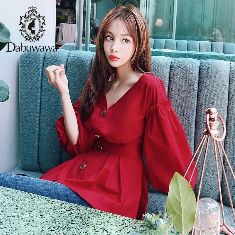 Dabuwawa 2019 New Autumn Elegant V-neck Shirts Fashion Cotton Lantern Sleeve Blouse Top White/Red DN1CST033