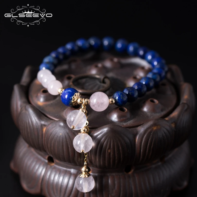 GLSEEVO 925 Sterling Silver Natural Stone Crystal Adjustable Lapis Lazuli Women's Bracelets Luxury Jewelry Wristband GB0086
