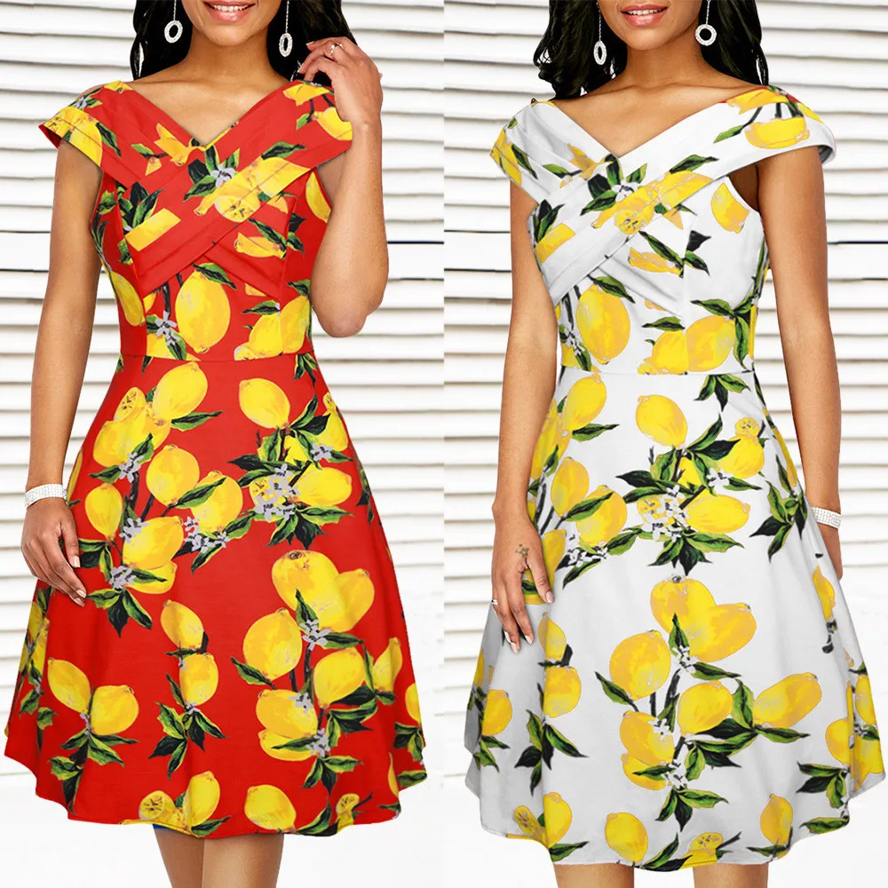 

Women summer dress print flower vintage red dress V-neck High waist sleeveless Large swing clothes robe ete 2019 femme