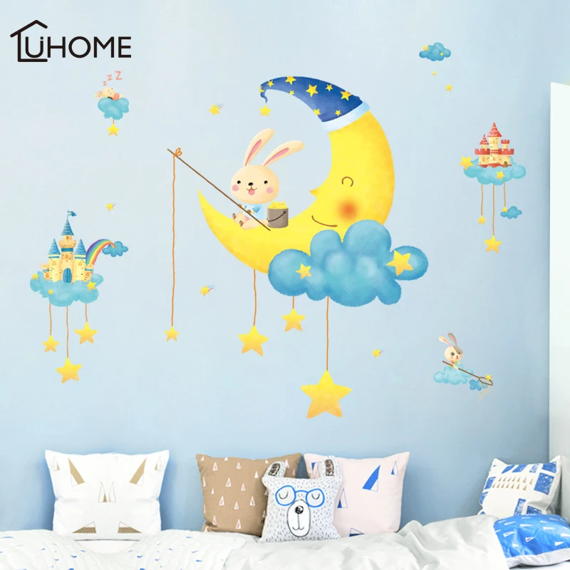 

Kids Room Wall Stickers Cartoon Rabbit Moon Stars Bedroom Bedside Wall Decoration Kindergarten Wallpaper Sticker