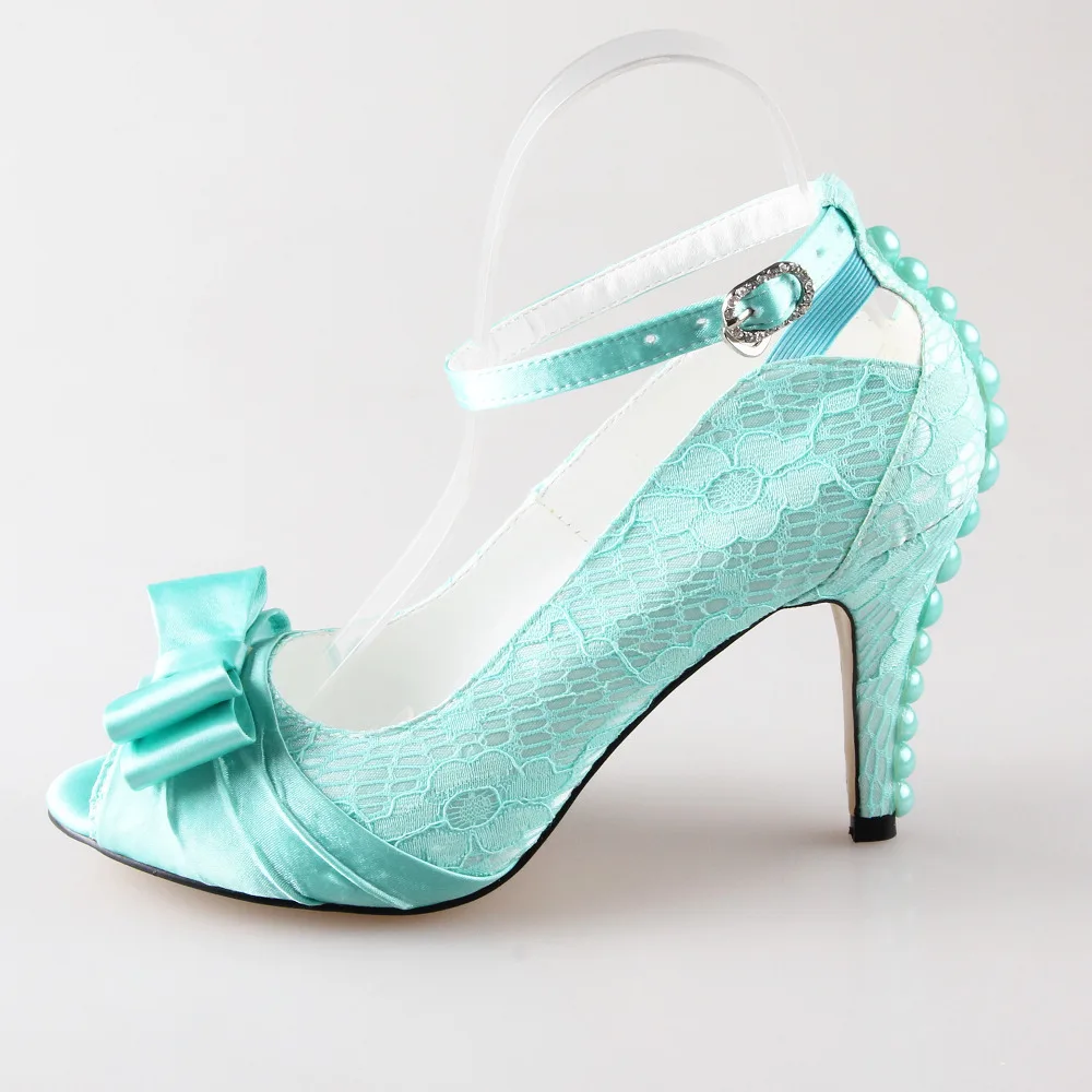 Handmade light mint green lace satin bow heel wedding party prom pumps with pearls on the heel party prom cosplay shoes white