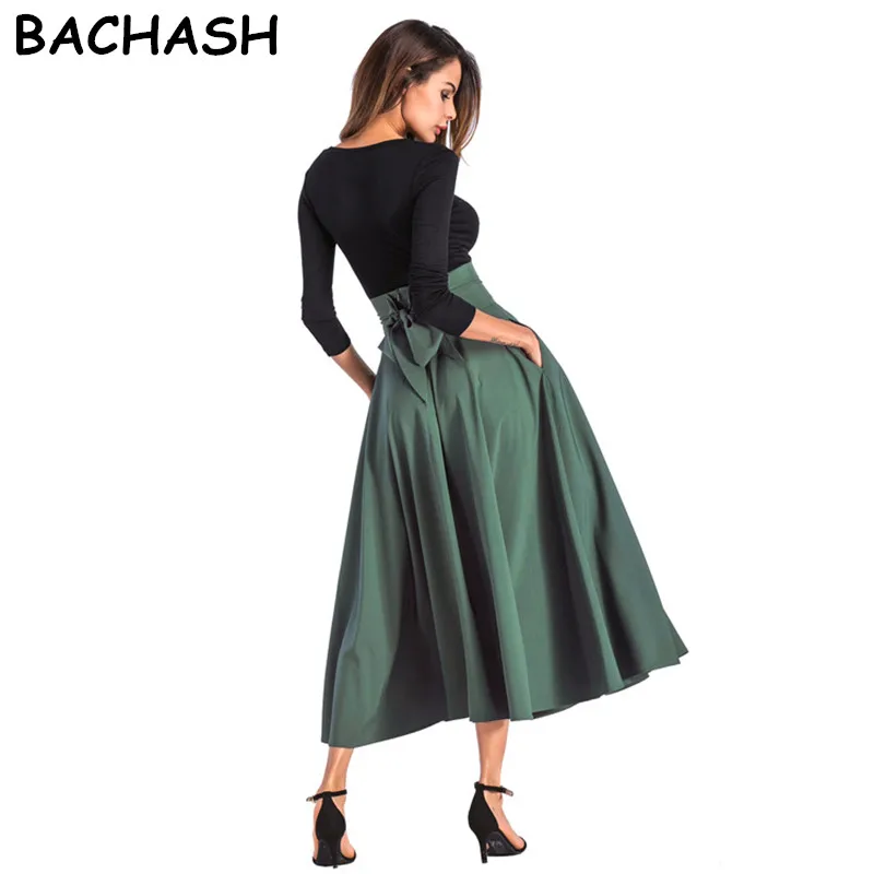 

BACHASH 2018 Women Linen Cotton Long Skirts Elastic Waist Pleated Maxi Skirts Beach Boho Vintage Summer Skirts Plus Size S-4XL