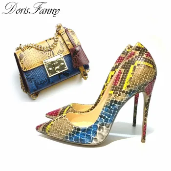 

DorisFanny Snake printed african ladies shoes and bags matching set high heels pumps 12cm