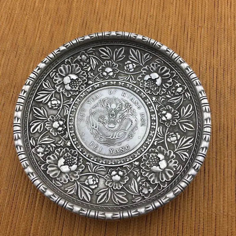 

chinese tibet silver dragon flowers statue silver dollar coin Plate metal crafts Family decoration