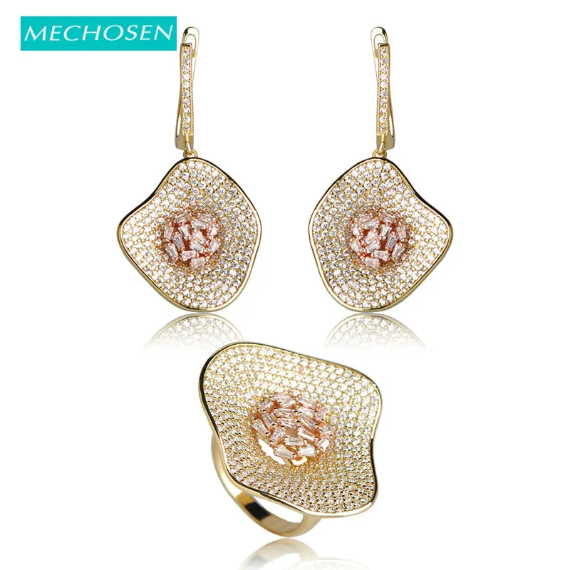 

MECHOSEN Delicate Luxury Gemoetric Cubic Zirconia Earrings Ring Set Women Bridal Wedding Jewelry Sets Gold Color Brinco Anel