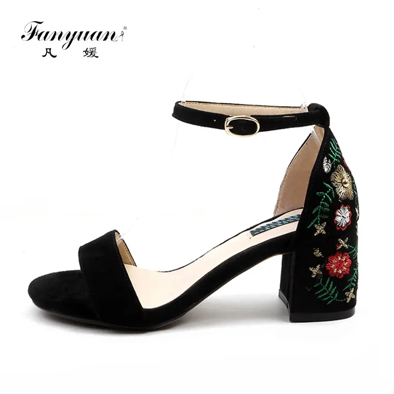 

Fanyuan Fashion Genuine Leather Ankle-Wrap Sandals Comfort Embroidery print high heels Summer buckle Cover Heel shoes Women shoe