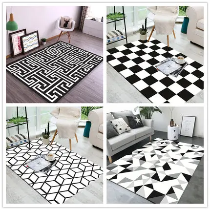 

Modern Black And White Plaid Striped Home Geometric Carpet Bedroom Living Room Sofa Non-slip Floor Mat