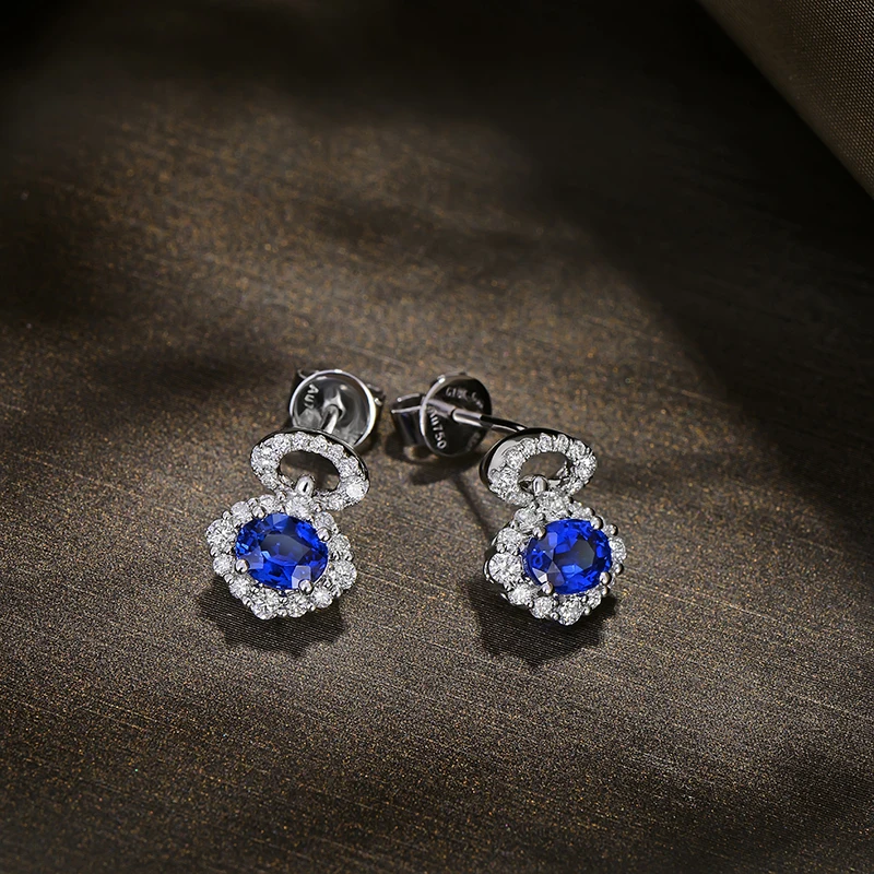 Caimao 0.95ct Blue Sapphire with 0.40ct H SI Diamond 14K White Gold Earrings Studs for Women