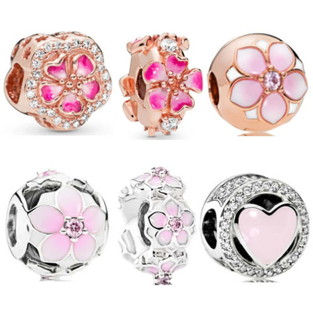 

AIFEILI New Rose Gold Pink Magnolia Bloom Bead Fit Original Pandora Charms Silver Women'S Bracelet Jewelry DIY Making Gift