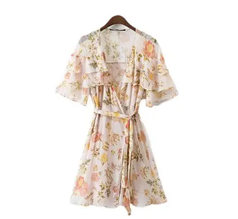 Moirlicer женщины сексуальная v шеи оборками цветочные шифона dress пояса с коротким