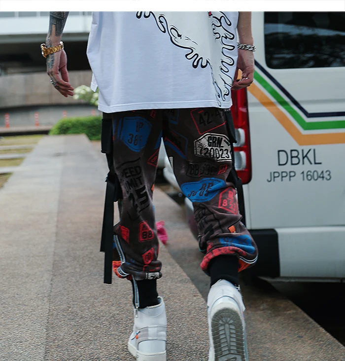 AELFRIC хип-хоп цветной блок граффити мужские брюки-карго Harajuku Уличная Повседневная ленты Мужские Спортивные штаны шаровары, штаны для бега брюки
