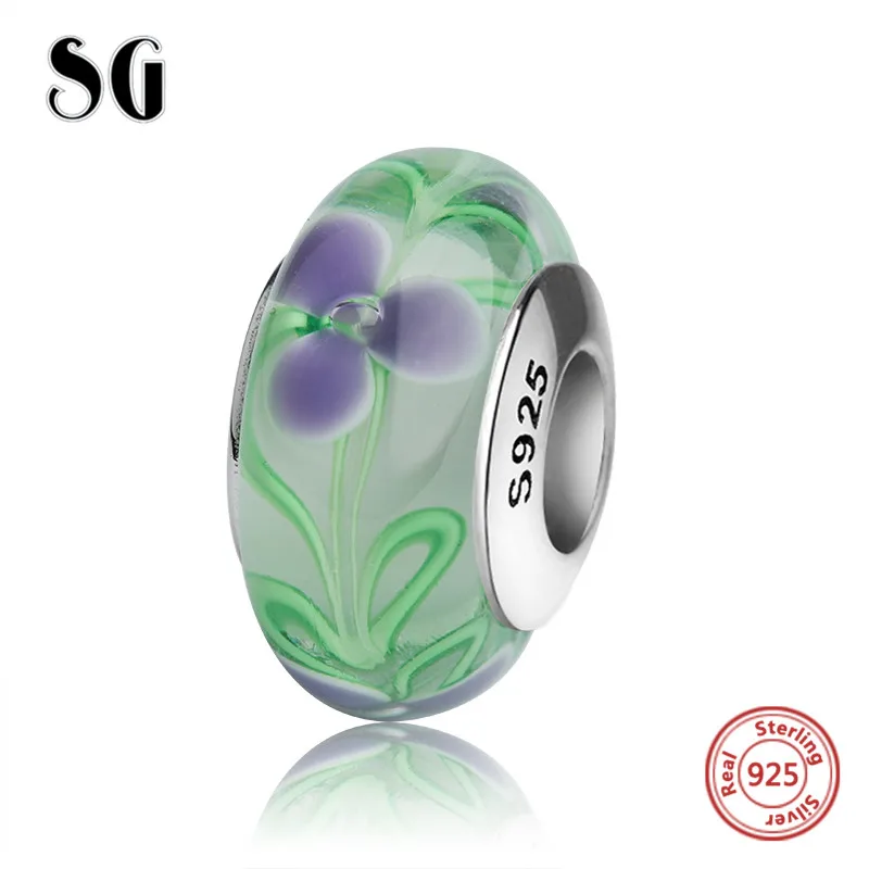

SG classic silver 925 charms Murano glass beads with romantic purple flower fit authentic European bracelets jewelry making gift