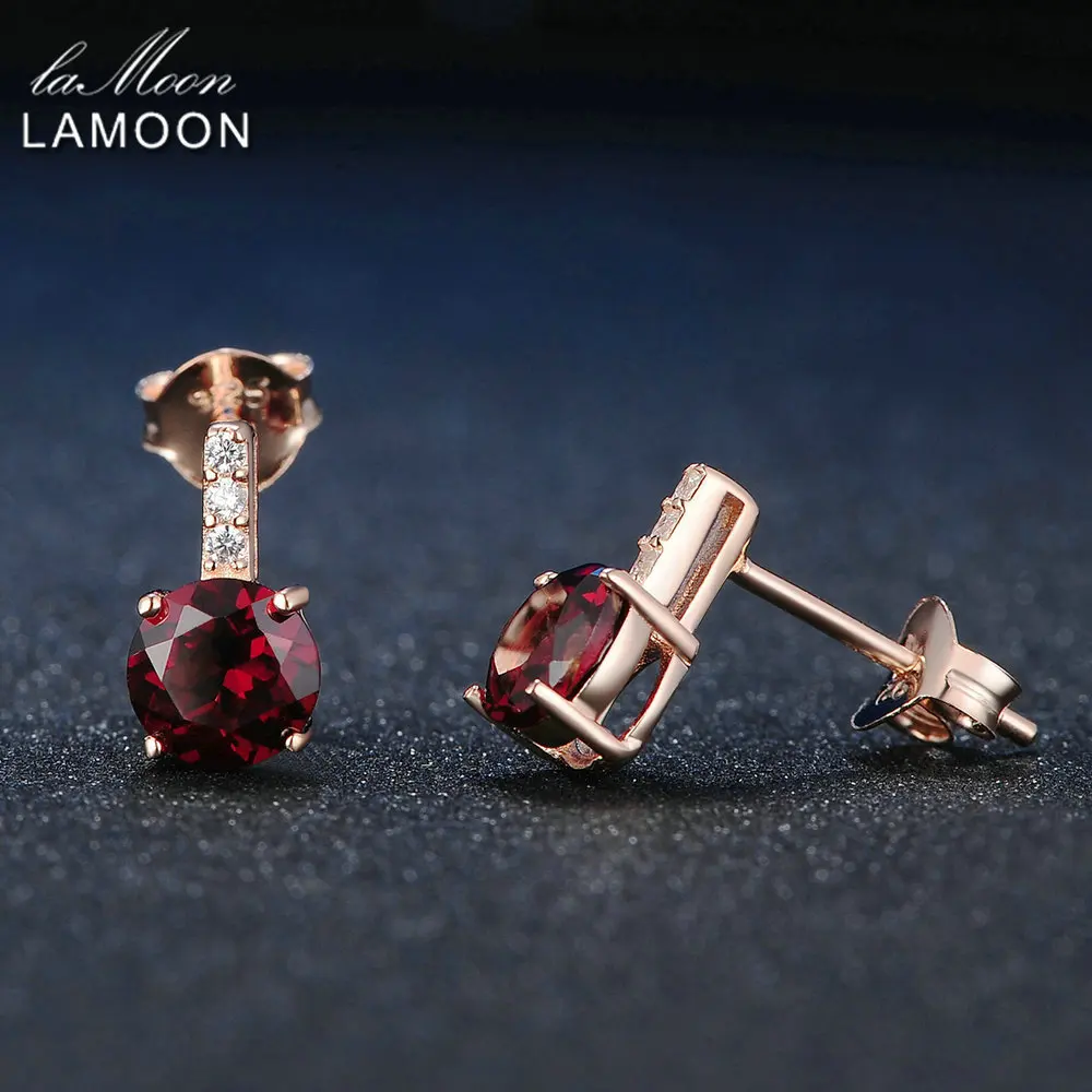 LAMOON Trendy 2ct Natural Red Garnet 925 Sterling Silver Stud Earrings Fine Jewelry For Women S925 LMEI031