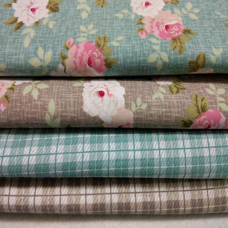 

50x40cm Green Brown Blooming Flowers & Check Cotton Fabric Patchwork Bundle Quilting Patchwork Sewing Fabric For Tilda Doll tiss