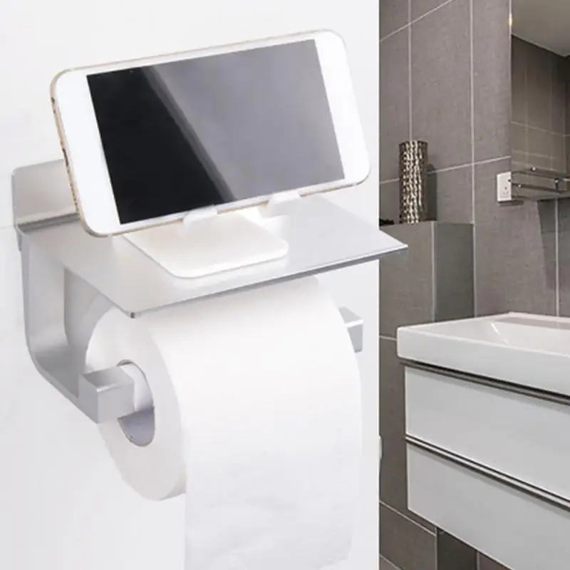 

space aluminum Bathroom Paper Phone Holder with Shelf Bathroom Mobile Phones Towel Rack Toilet Tissue Paper Holder #027