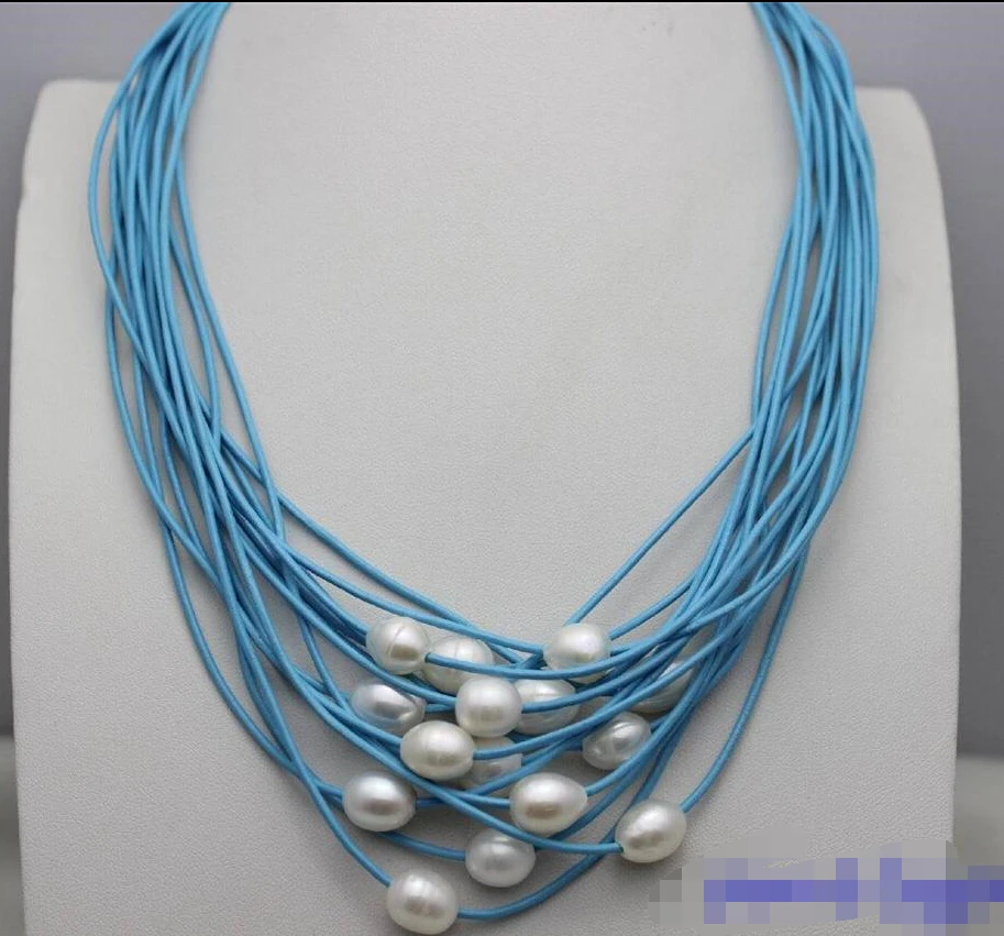 

white10x12mm freshwater pearls 15strands Turquoise Blue leather cord necklace
