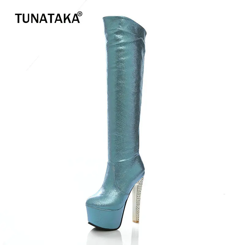 

Women Fashion Knee High Boots Super Squre High Heels Boots Platform Zipper Spring Autumn Shoes Woman 2018