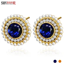 SHEEGIOR новые хрустальные золотые серьги-гвоздики для женщин BTS аксессуары синий цветок из кристаллов из жемчуга Серьги, ювелирные изделия