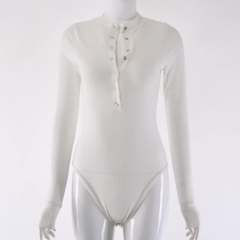 Женский комбинезон, комбинезоны, сексуальная кнопка, облегающий костюм с длинными рукавами, ребристые трико комбинезоны - Цвет: Белый