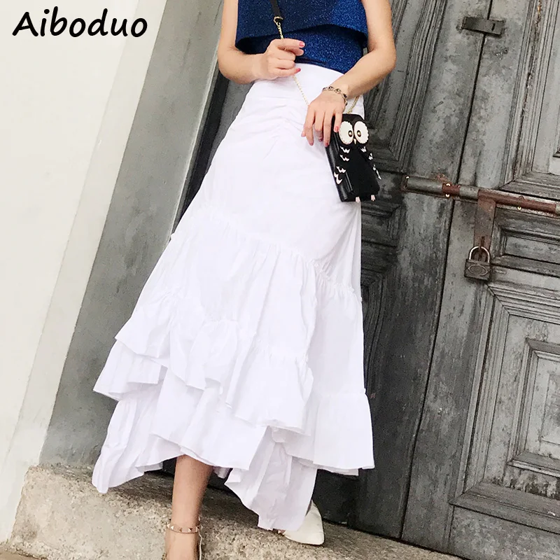 

Maxi Long White Tulle Cotton Skirts for Women Elastic High Waist Casual Elegant Girls Beach Ruffles Party Saias Jupe Clothes