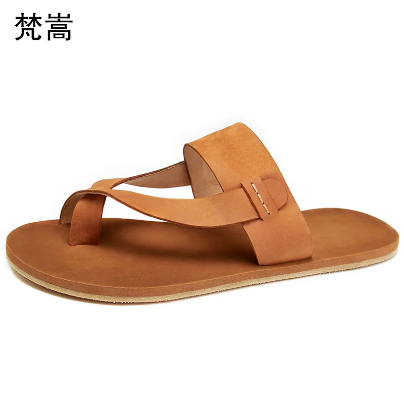 

flip-flops Genuine Leather leather beach slippers outside anti-skid fender summer men genuine leather slippers British retro