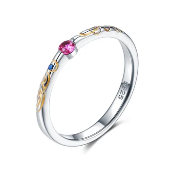 

New fashion 925 Sterling Silver Romantic Pink&Blue Cubic Zircon Gold Pattern Finger Rings for Women Wedding Jewelry for gift