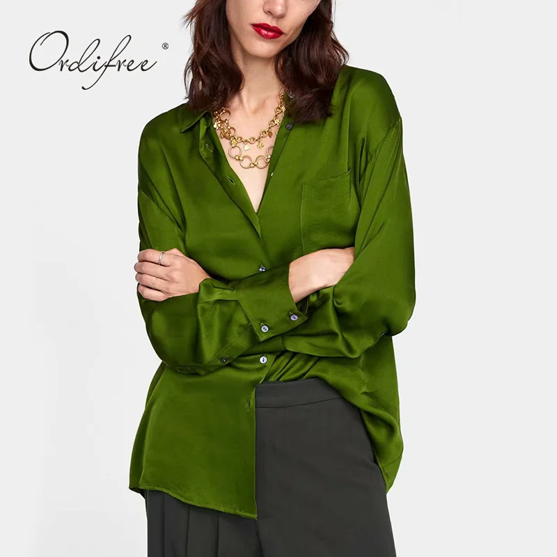 

Ordifree 2019 Summer Autumn Women Satin Blouse Top Loose Casual Green Female Silk Blouse Shirt