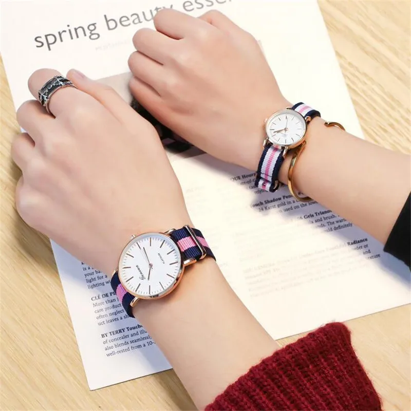 

Korean version of the simple fashion canvas with watch ultra-thin striped strap couple watches