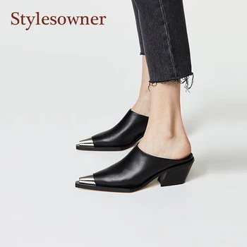 

New Fashionable Metal Pointed Toe Lady Muler Sandal Shoes Slip on Chunky Heel Slipper White Black Leather Half Sandals Shoes