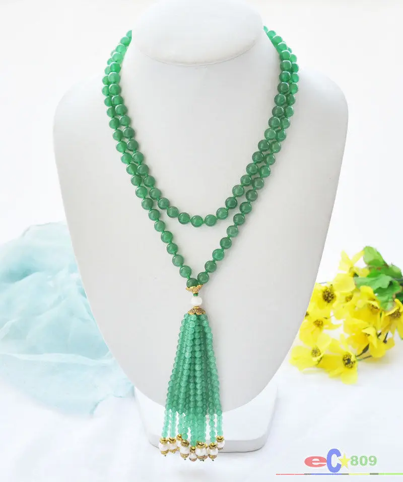 

wholesale 40" 8mm green jade bead with green jade and white round pearl tassels sweater necklace