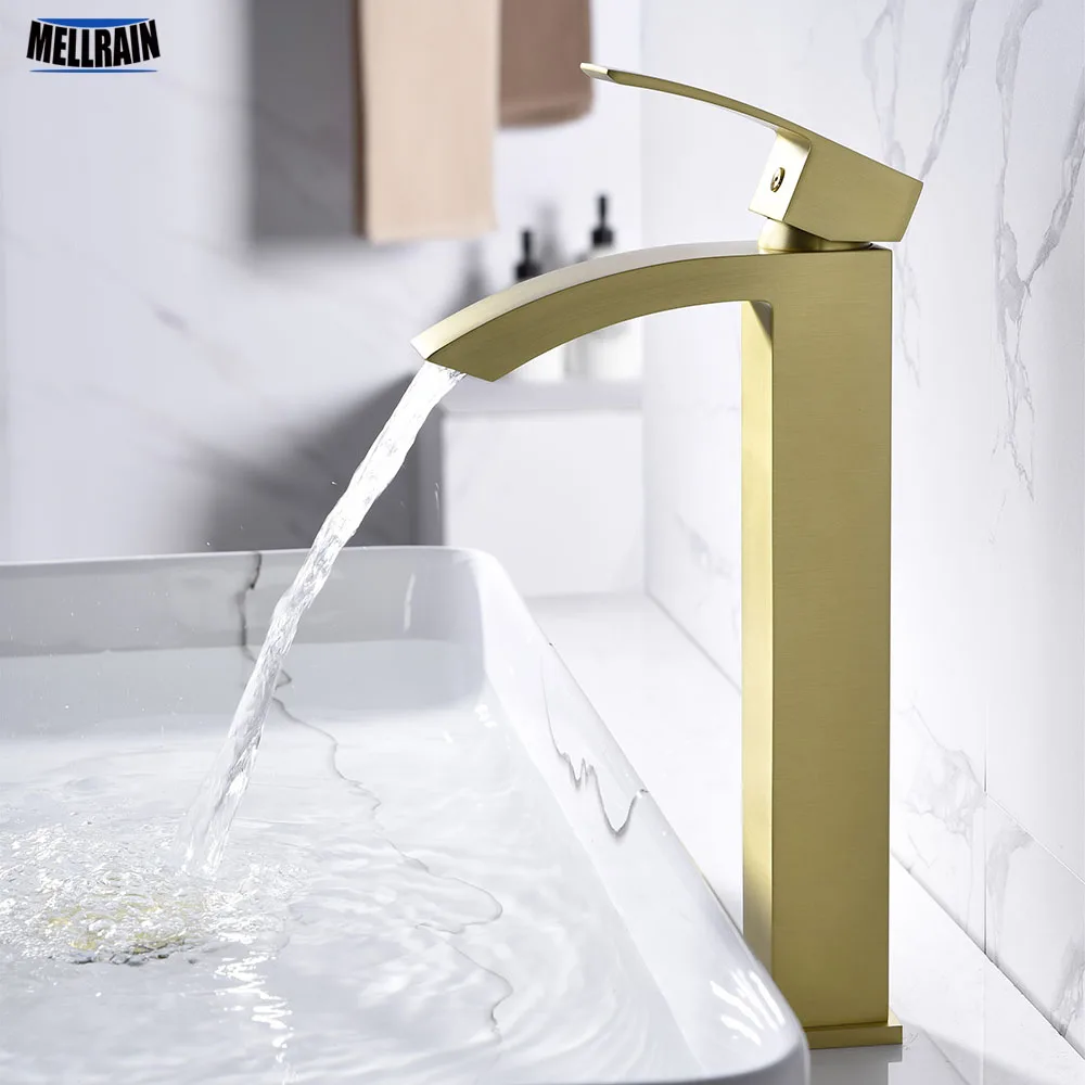 

Bathroom Hardware Faucet Brushed Gold Waterfall Basin Water Mixer 100% Brass Material Bathroom Sink Tap Black & Chrome & Rose