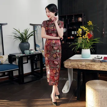

Burgundy Satin Cheongsam Traditional Chinese Ladies' Qipao Summer Short Sleeve Long Dress Big Size 3XL Vintage Button Vestidos