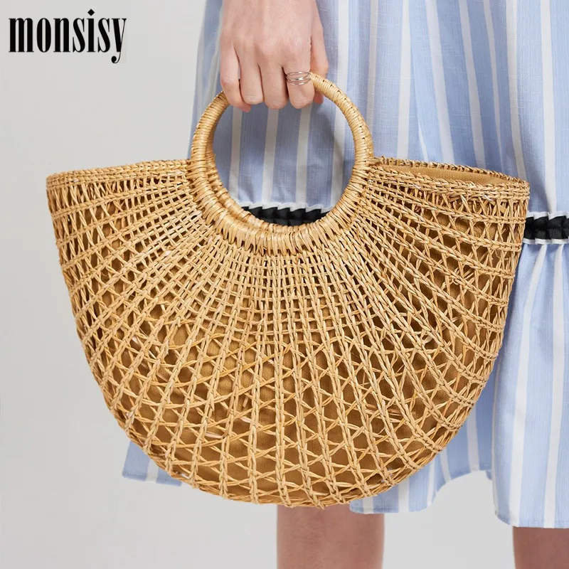 

Monsisy 2019 New Women Straw Tote Rattan Handbag Ladies Handmade Weaving Beach Bag Summer Travel Vacation Scarf Moon Shaped Bags