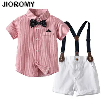 

Children summer new children's clothing boy vertical stripes short-sleeved shirt overalls performing dress two suits