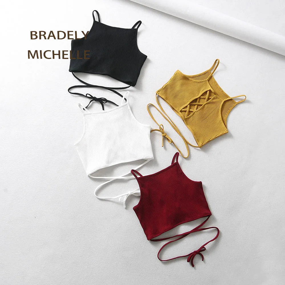 

BRADELY MICHELLE 2018 summer sexy women crop top sleeveless sexy solid hollow out cross knot knitted camis