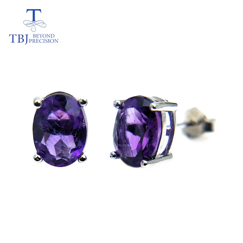 

TBJ,natural good luster african amethyst oval 6*8mm 3ct gemstone simple earring in 925 yellow gold color for girls with box