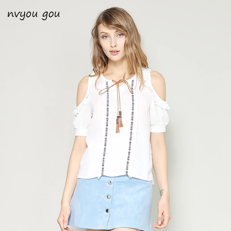 

nvyou gou Embroidery Tassel Shirts Bohemian Ethnic Short Puff Sleeve Blouse Tops Newest Women Summer Tot Casual White Solid Tops
