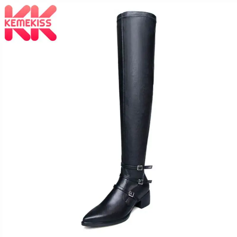 

KemeKiss 2020 Over Knee Boots Women Genuine Leather Winter Shoes Women Fashion Buckle Sexy Pointed Toe Flats Boots Size 34-39