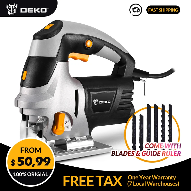 

DEKO high power Jig Saw Laser Guide 6 Variable Speed Electric Saw with 6 Pieces Blades, Metal Ruler, Allen Wrench Jigsaw Tools