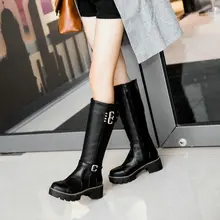 Женские сапоги до колена из искусственной кожи; модные сапоги на толстом низком каблуке; зимняя женская обувь на платформе на молнии; цвет черный, коричневый, бежевый, серый