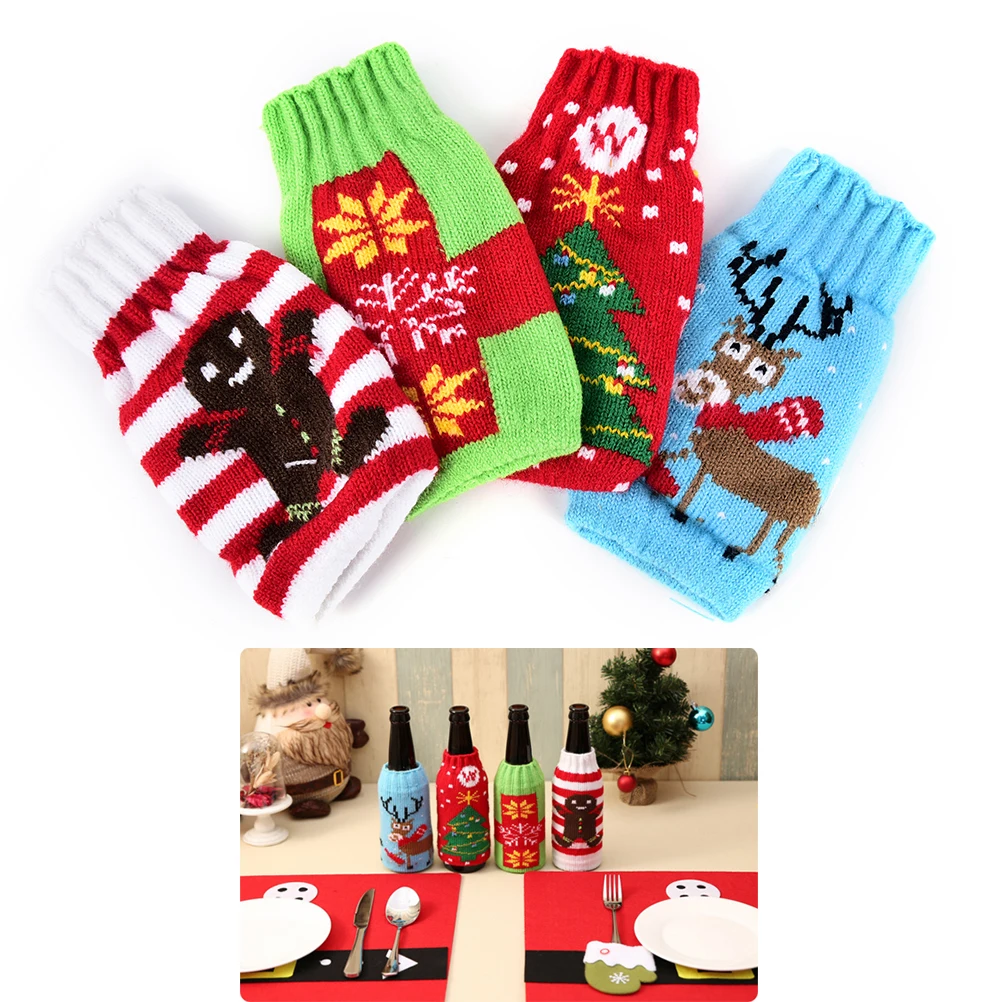 Cute Christmas Wine Bottle Clothes Sets Candy Gift Bags Beer Bottle Cover Cap Kitchen For Xmas New Year Dinner Party Decoration