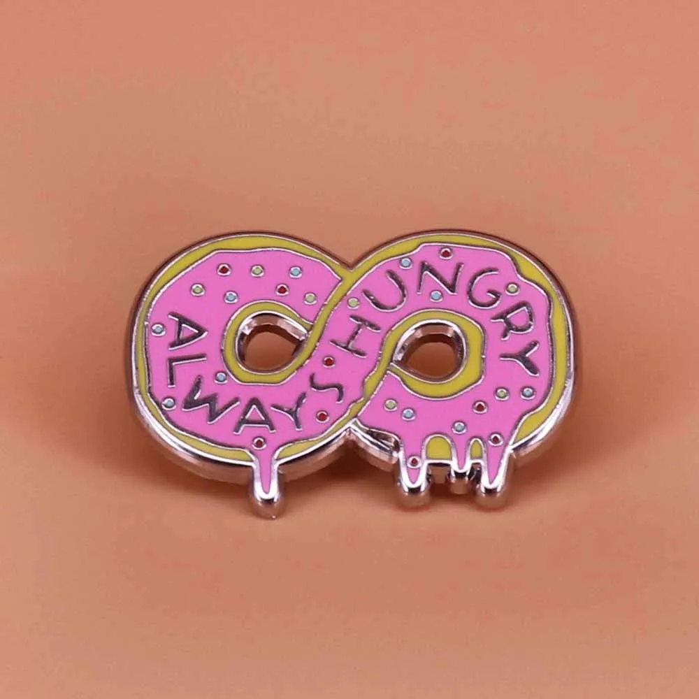 

Always hungry enamel pin infinite donuts brooch deadly delicious doughnut badge pink frosted dessert food jewelry sweet gift