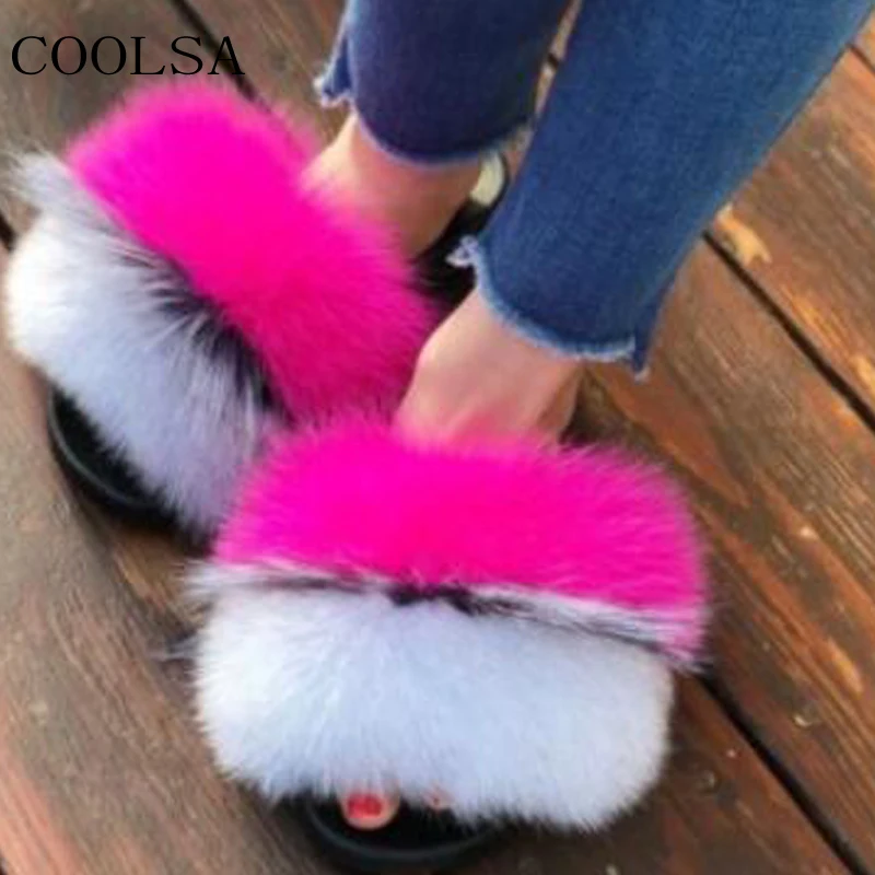

COOLSA Women's Open Toe Flat Sandals Indoor Warm Fox Fur Slippers Female Cute Fluffy Plush Home Shoes Casual Furry Flip Flops 45