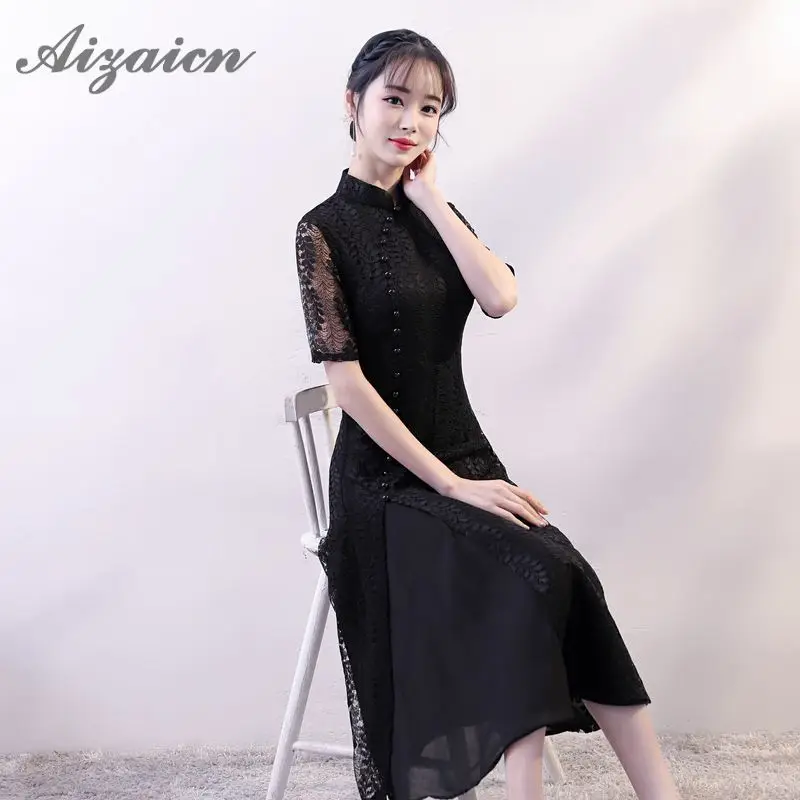 Традиционное черное кружевное сексуальное платье Ao Dai Вьетнам Восточное