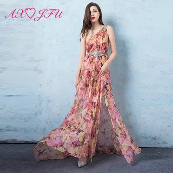 

AXJFU Printed Chiffon sexy Necklace rose one shoulder pink evening dress model banquet etiquette hosting beach evening dress