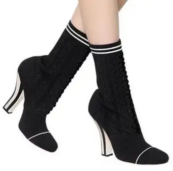 

2017 Spring Newest Hot Women Fashion Black White Pink Strip Wool Elastic Mid-calf Short High Heel Boots Stock Style Boots Shoes
