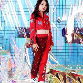 

Winter Children Jazz Dance Costume Red Suit For Kids Street Hip Hop Dancing Performance Costumes Jacket Pants 2 Pieces DL3370