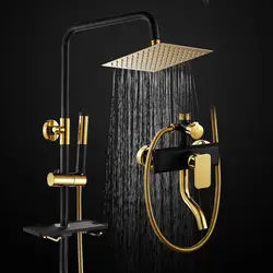 Черный душ с дождевой системой Ванная комната Роскошный Золотой душевой набор с душевой панелью полка ванная комната кран душа для ванной