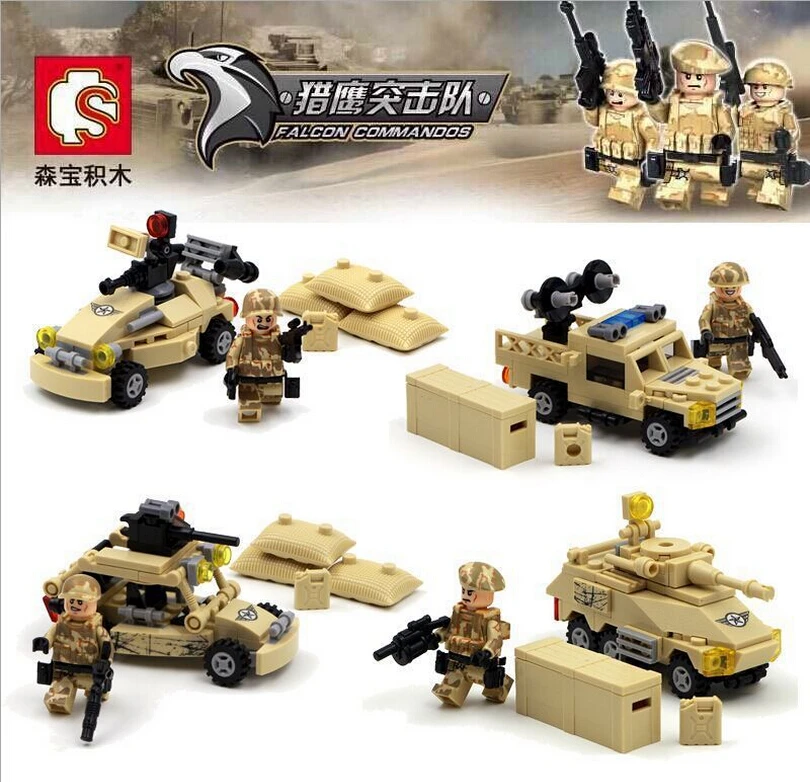 

4sets SWAT Police Falcon Commandos Marine Corps Vest Sandbag Battlefield Tank Vehicle Hummer minifig Building Blocks Toys