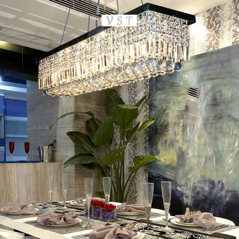 Lustre de Cristal Moderno para Sala de Jantar Comprimento Novo Retângulo Pingente Cristal Luminária 1500mm 5 Luzes e Iluminação